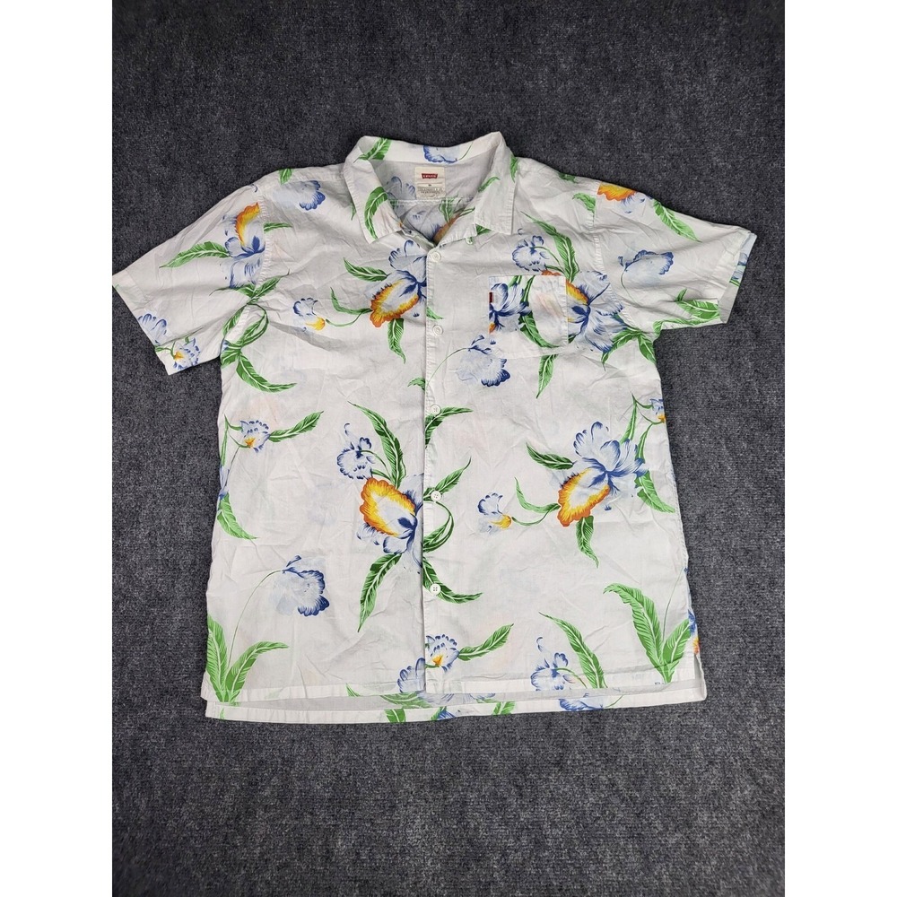 Levis Hawaiian Shirt Mens XXL White Floral Camp Collar Short Sleeve Button Up
